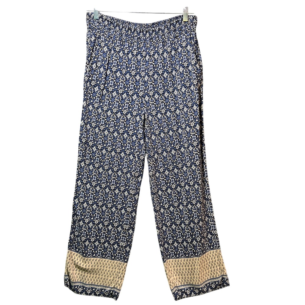Roz & Ali Blue Floral‎ Boho Wide Leg Border Print Rayon Pants Pull-On M